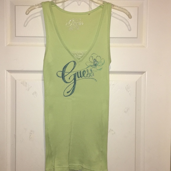 Guess Tops - Guess Graphic Lace Rhinestone Embellished Tank Top